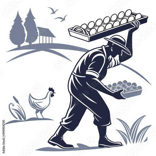 Man carrying egg trays on farm laborer worker poultry farm