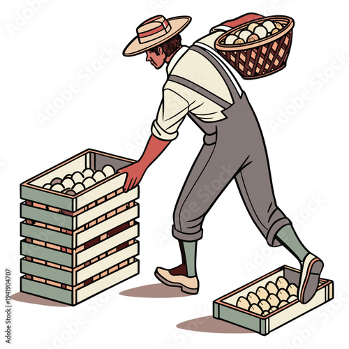 Man in overalls carrying basket and moving boxes of eggs