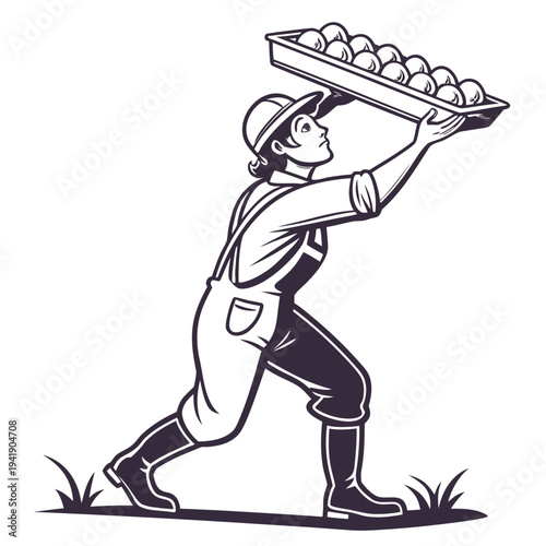 Man in overalls carrying tray of eggs on head farm