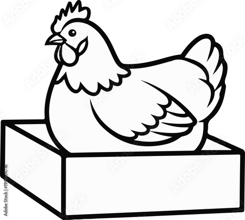 A black and white outline drawing of a hen resting on a box