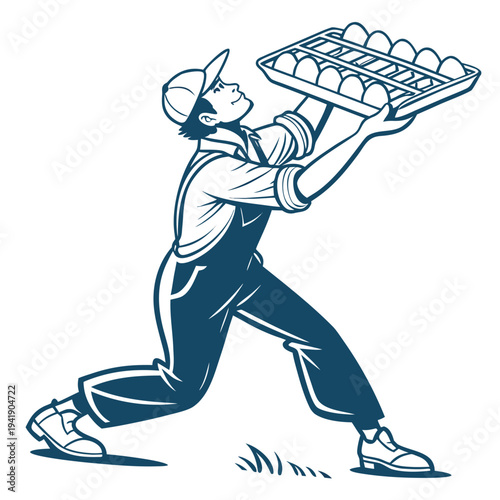 Man in overalls holding tray of eggs