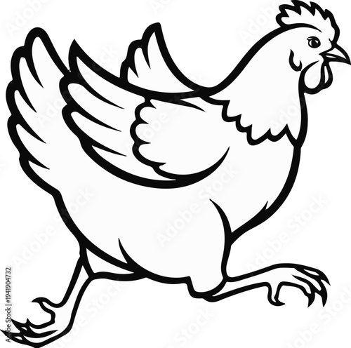 A black and white outline drawing of a running hen