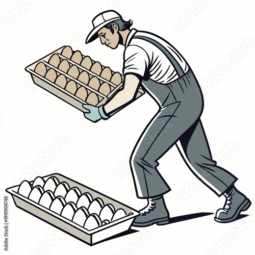 Man in overalls holding tray of brown eggs next to tray of white eggs