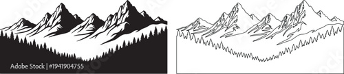 Mountain range landscape with trees in silhouette and line art style