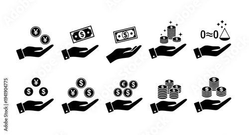 Money icon set with hand holding coins and banknotes
