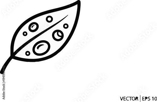 A black and white outline drawing of a single leaf with dew drops