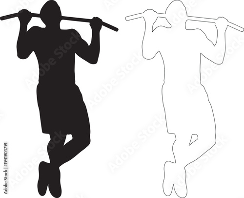Black silhouette and outline of a man doing pullups on a bar