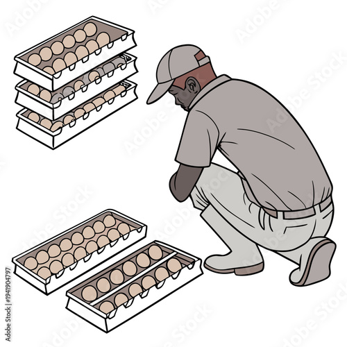 Man kneeling beside stacked egg trays egg vendor egg seller