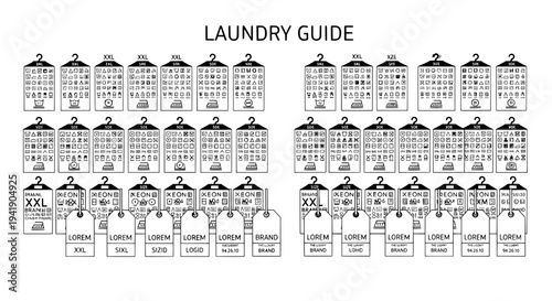 Laundry care guide icon set with washing symbols and clothing tags

