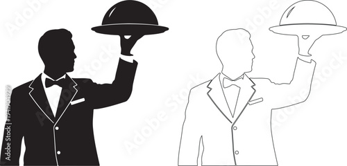 Waiter serving with covered dish in formal attire silhouette and outline