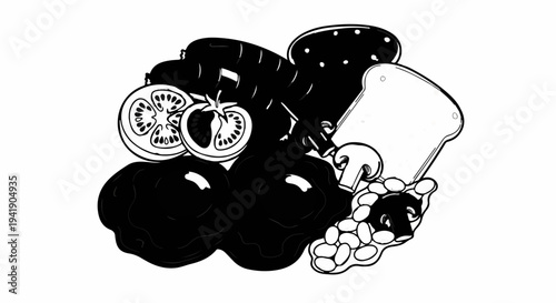 A black and white illustration of various food items piled together