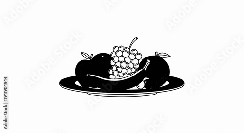 A black and white illustration of various fruits arranged on a plate