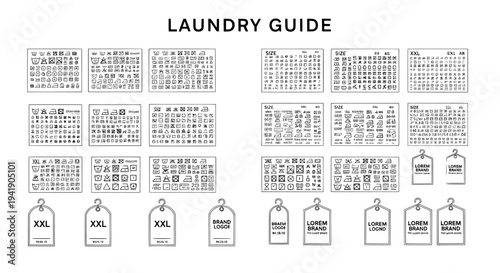 Laundry care guide icon set with washing symbols and clothing tags
