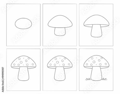 Step by Step Mushroom Drawing Worksheet for Kids Black and White Line Art vector illustration 