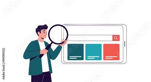 Vector illustration of man searching with magnifying glass