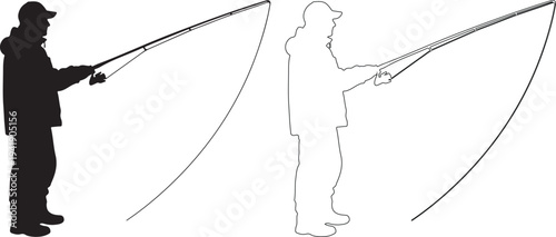 Silhouette of two people kite surfing in black