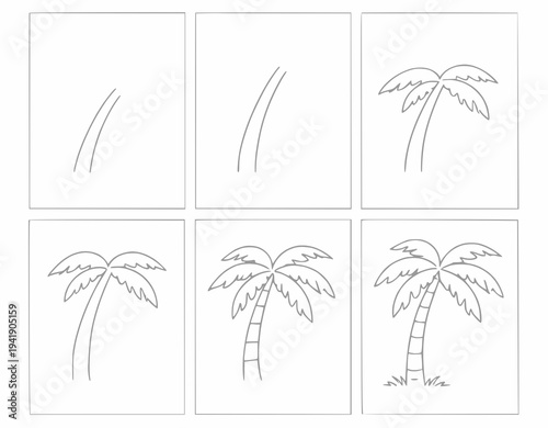 Step by Step Palm Tree Drawing Worksheet for Kids Black and White Line Art