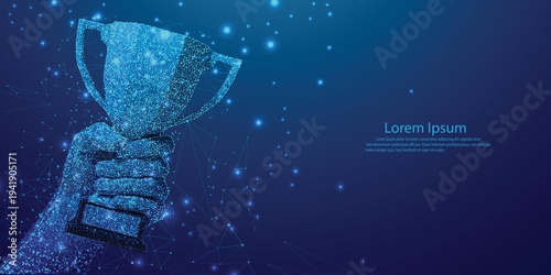 Abstract image of a champion cup in hand in the form of a starry sky or space, consisting of points, lines, and shapes in the form of planets, stars and the universe. Vector business wireframe concept
