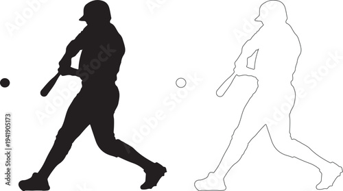 Baseball player silhouette swinging bat with ball and faded outline