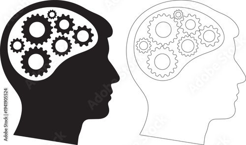 Black silhouette and line art heads with gear mechanisms in brain