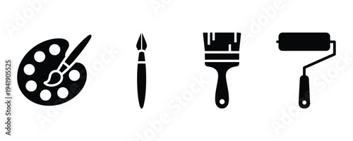 Artistic tools for painting: palette, brushes, paint roller and palette knife collection