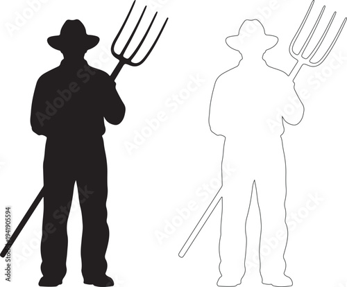 Man holding pitchfork in silhouette and outline