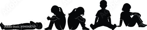 Children silhouette set showing different sitting and lying poses isolated black vector illustration for design