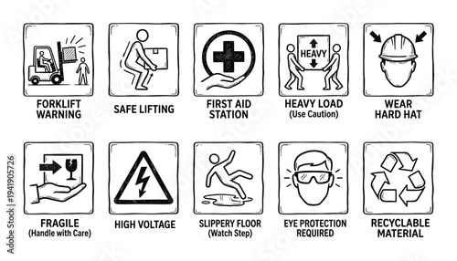 Work safety signs, warnings and icons: forklift, lifting, first aid, hard hat, fragile
