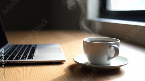 Steaming Cup of Coffee and Laptop on Wooden Desk in Bright Sunlight