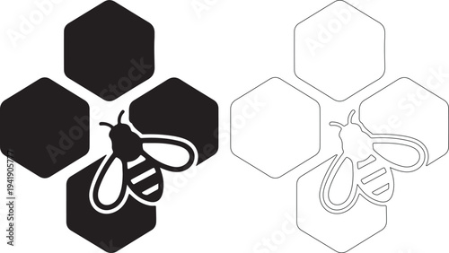 Black and white bee icons with hexagons