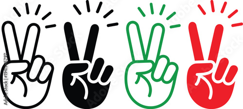 Four hands making peace signs in different colors and styles.