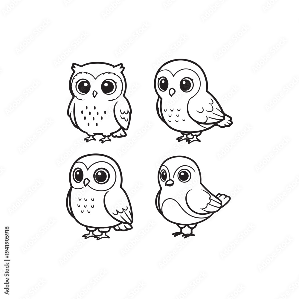 Obraz premium Four cute cartoon owls standing in simple line art style
