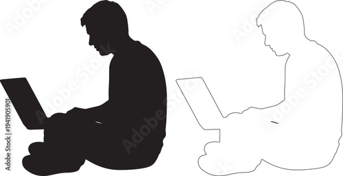Silhouette of a man sitting with a laptop
