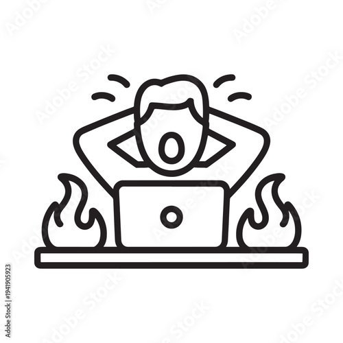 Person using a laptop surrounded by flames expressing shock and stress