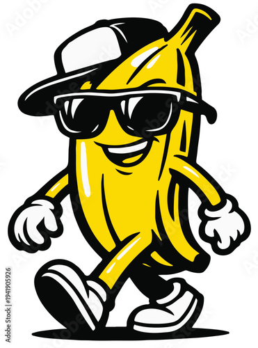 A humorous banana character with a cool street attitude. The exaggerated pose and confident facial expression create a playful design that works perfectly 