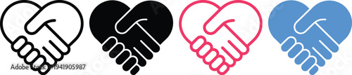 Four differently colored handshake icons with heart shapes to represent unity and love