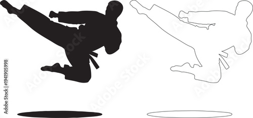 Silhouette of a person performing a martial arts kick in mid air