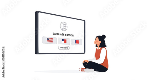 Vector illustration of woman sitting with TV screen displaying language and region settings