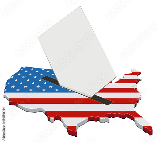 Isometric representation of a ballot paper being inserted into a United States map shaped like a voting box, symbolizing patriotic civic duty and national elections. (cut out)