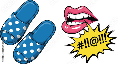 Flat Vector Illustration of Blue Polka Dot Slippers, Pop Art Lips and Comic Speech Bubble with Symbols Isolated on White
