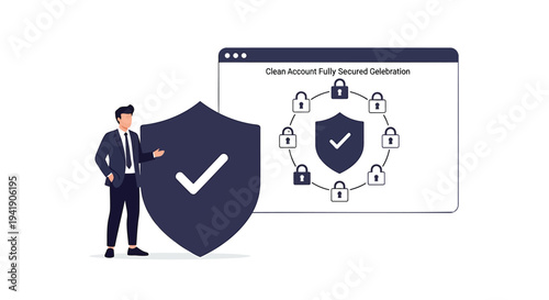 Vector illustration of businessman with shield and secure online account concept