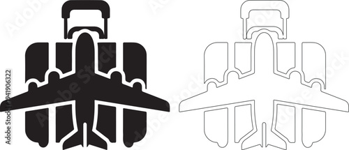 Airplane and suitcase travel icons in black and white