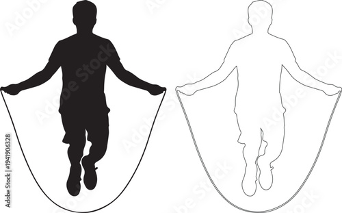 Black silhouette and dotted outline of a man jumping rope