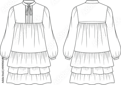 A line of a long-sleeved dress with a tiered skirt and a drawstring neckline shown from front and back views