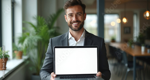 Young man in suit holds laptop computer with blank screen. Professional looking person smiles, shows empty display. Modern office background with plants and lights. Copy space available for your ad.