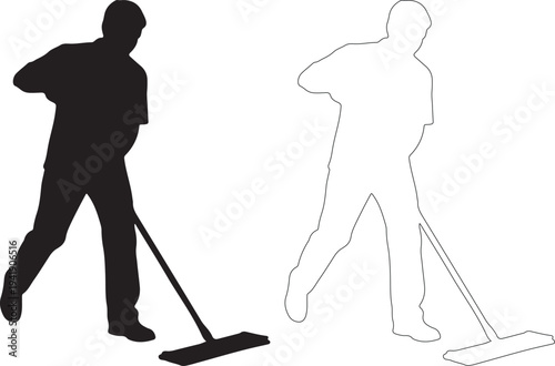 Black silhouette of a man sweeping with a broom and its outline