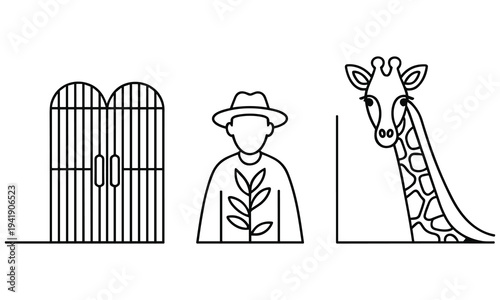 Zookeeper wearing a hat stands between a cage and a giraffe in a simple vector graphic illustration for educational or conservation purposes.