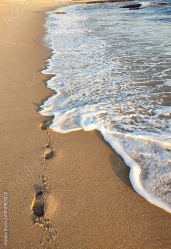 Canvas Print Footprints in the sand along a beach shoreline with gentle waves lapping at the