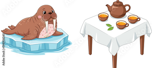 Flat Vector Illustration of Cute Walrus on Ice Floe and Teapot with Tea Cups on Table Isolated on White