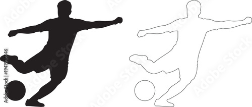 Silhouette of soccer player kicking ball with outline version